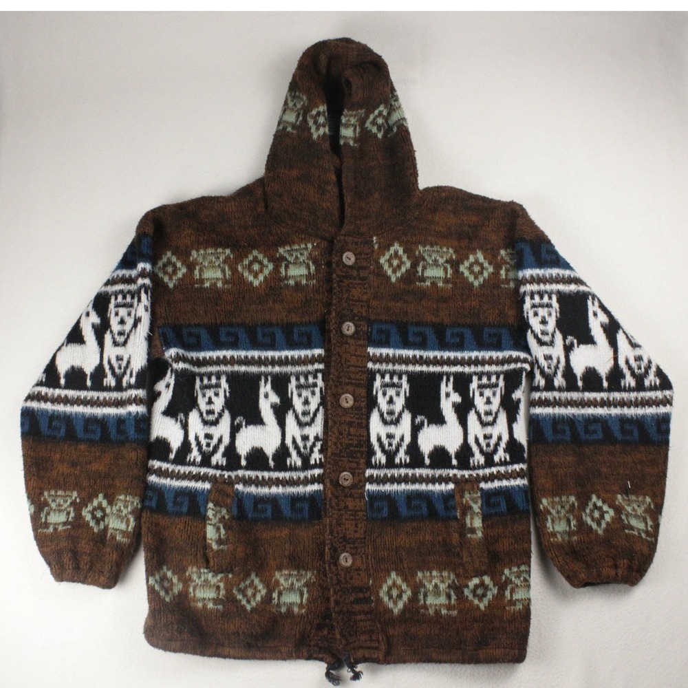 Ecuador Wool Llama Alpaca Sweater Andean Hood Cardigan Handmade Chunky Knit L/XL